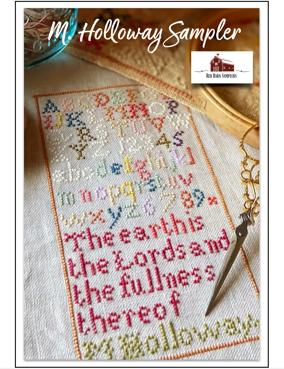 Small model sampler stitched with many bright colors and a partial pair of scissors on the right side of the page
