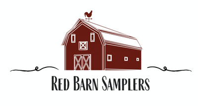 Red Barn Sampler Logo with black letters below spelling out shop name