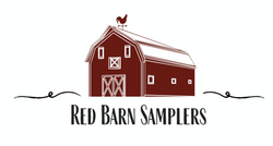 Red Barn Sampler Logo with black letters below spelling out shop name